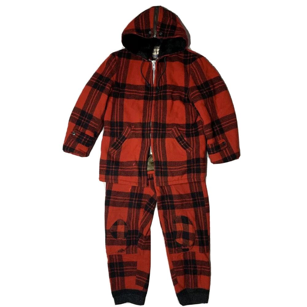 Vtg Carter Kids Red Black Buffalo Plaid Hunting Mackinaw Jacket & Pants Hunting